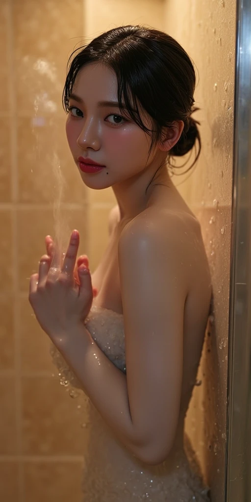 (High resolution:1.3), (16k, Photorealistic, Raw photo, Best image quality: 1.4), Japanese, (One Girl), Beautiful Face, (A vivid face), (Black-haired、short hair:1.3), Beautiful Hairstyles, Realistic eyes, Beautifully detailed eyes, (Realistic Skin), Beautiful skins, attractive, 超A high resolution, Surreal, High detail, Golden Ratio, Highly detailed cute girl,(20-year-old), ((Completely naked)), (Taking a shower、Splash:1.5)