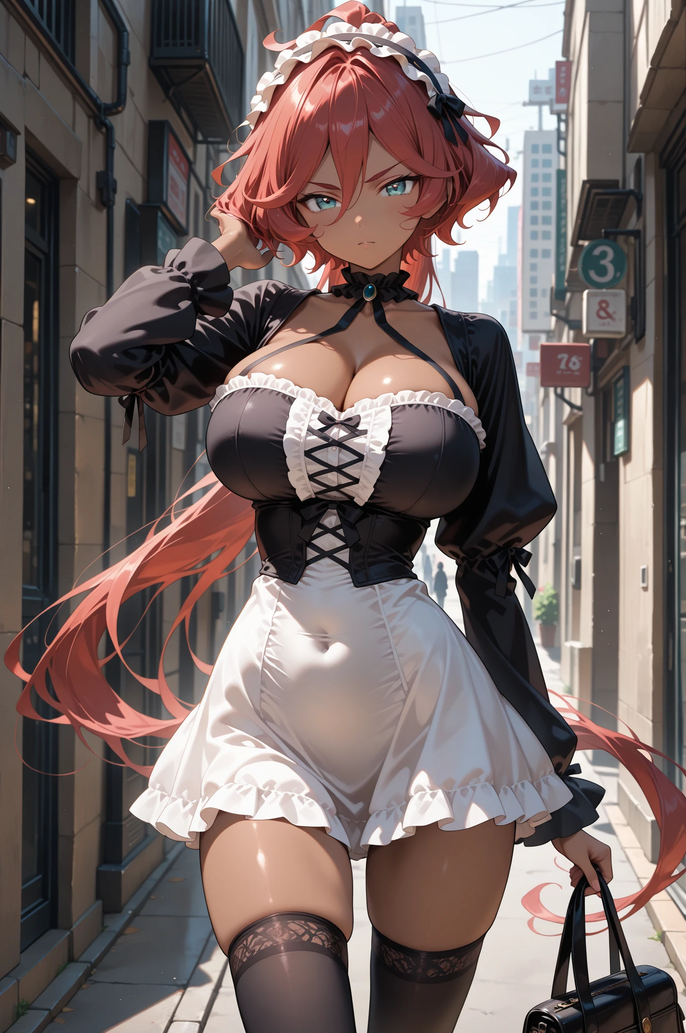 (Amazing masterpiece), (Maximize highest quality: 1.5), (Maximize most beautiful digital illustrations: 1.5), ((Most realistic: 1.5)), ((Smooth, soft, crisp and most realistic skin and hair textures)), Most beautiful detailed eyes:1.5, ((Maximum resolution)), ((UHD, 16K, 1080p)), (10 million ppi, 300 million dpi images), (Amazing dynamics:1.5), Beautiful backgrounds with depth of field, Most beautiful natural light, Rule of thirds, ((Maximize every effect and present it in the ultimate quality)), 1woman, sexy, 25years old, beautiful face sharp, elegant mature woman, Ultimate perfect body style, beautiful beautiful big breasts, Maximize upturned breasts, green eyes, shiny RED hair, pony tail, (eyes visible through hair:1.3), glossy very thick lips, pink lipstick, smile:1.5, BREAK maid costume, mini skirt, light colors, pink highlights, bright colors, energetic, cyberpunk setting, frilly hem, satin apron, ribbon choker, puffed sleeves, knee-high socks, lace gloves, sophisticated style, smooth texture, cheerful look, intricate patterns, fashionable footwear, adorable appearance, lively feel, light metal armor, 