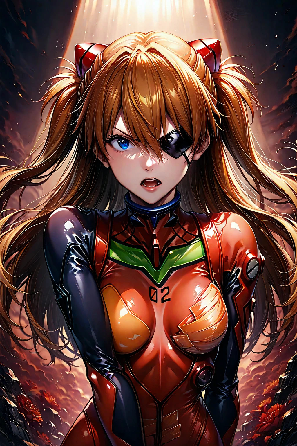 highest quality、Realistic、female、Japanese、zoom、cute、Red eyes、Chestnut Hair、long hair、Hero Suit、Shiny bodysuit、universe