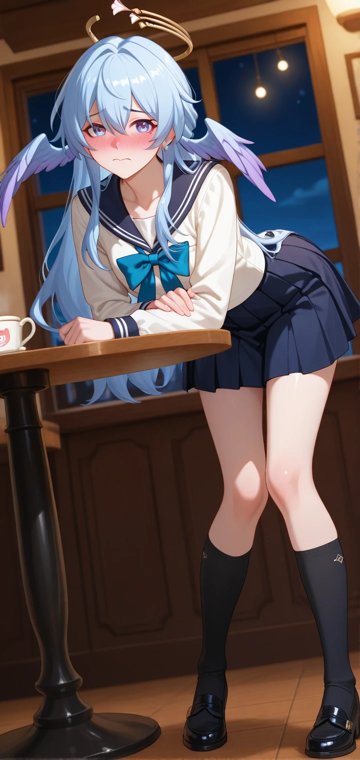 One long hair, girl in school uniform, miniskirt, 蓝色头发,蓝色眼睛, looking away, sitting, embarrassed, blushing, crying, mouth closed, 在列车里 (girl leaking pee),Suisei Hoshimachi