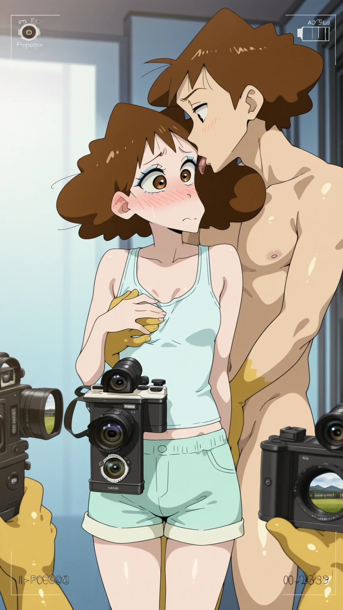 1girl, 12yearold asian slut is wearing a slutty slingshot_bikini at a modeling studio she is spreading her legs and posing for a ugly 88yearold man who is taking close up  photos. 1old man, nsfw, filming, camera