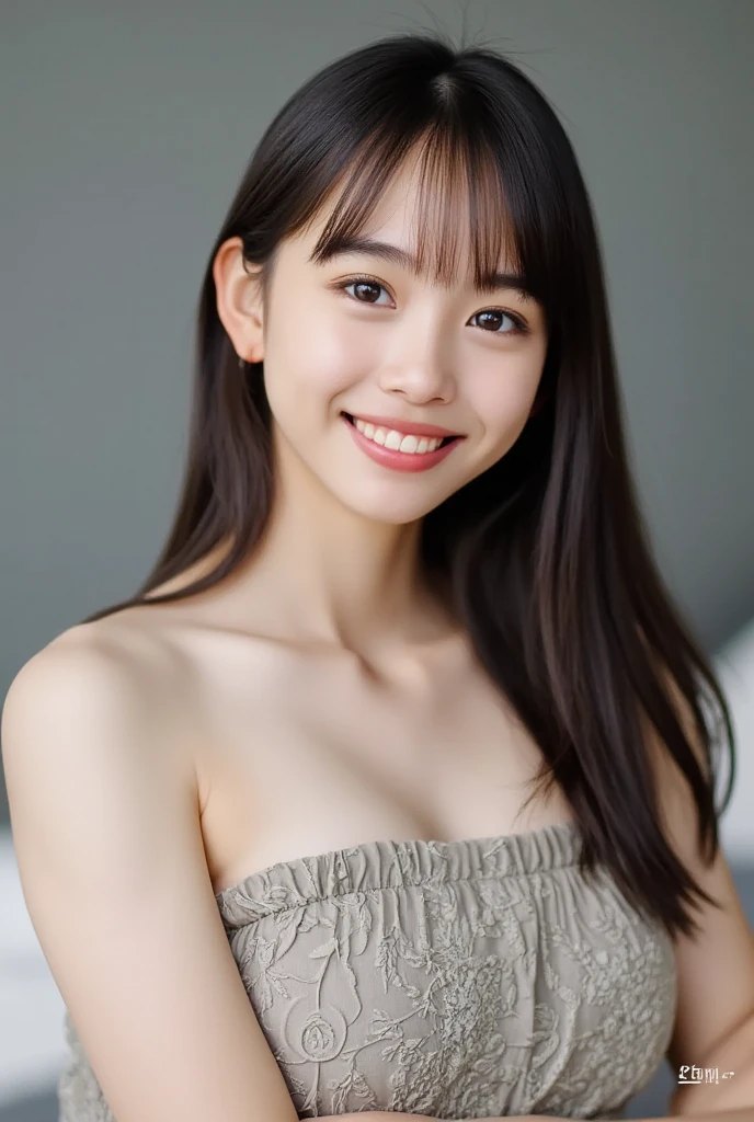 (((face up))),(nude),Ultra-high resolution,Japanese,bangs,a girl,1 girl,((18-year-old)),(grin with teeth),((arms behind back)),(long straight hair),((cute)),pretty