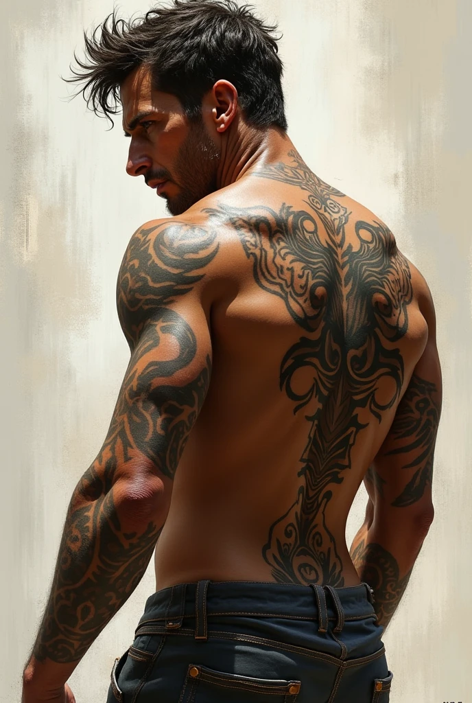 Create another man, Fisicamente , dark haired, eyes browns, skin fair, closed expression with a slight teasing smile, 1, 96 tall, athletic body, broad shoulders and back, slightly wavy hair, striking look also has a scorpion tattoo at belly level going down to the waist