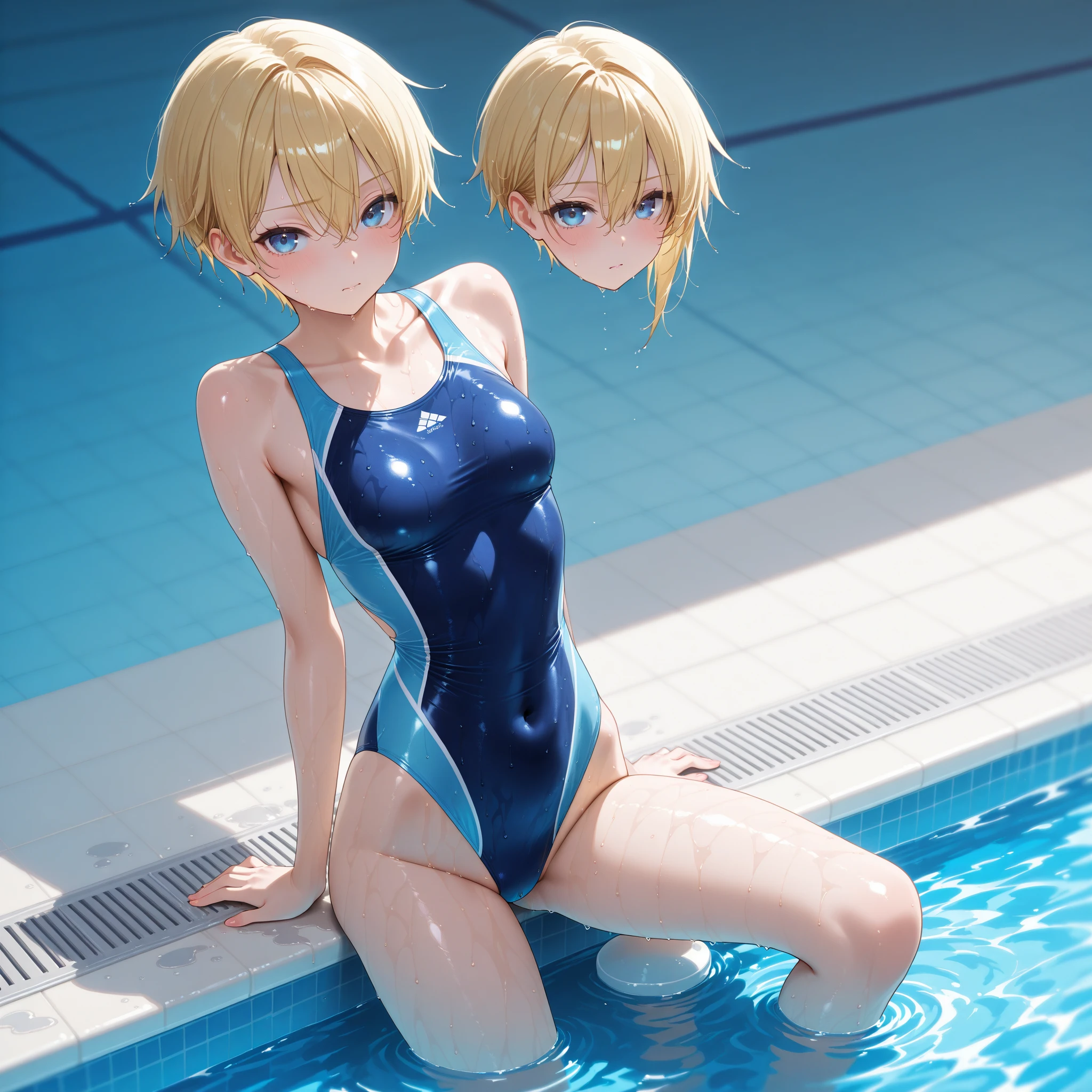 Anime style, super fine illustration, super clear illustration, highly detailed, beautiful detailed, super pale tone image, super delicate illustration, super calm & static image, static representation, gentle expression, 8k, pretty 1girl with blonde straight short hair & blue eyes & a bright smile & Big breasts & nipples & soft fair skin & (shiny skin : 1.6) is wearing the competitive swimsuit in the swimming pool, Olympic, happy stories, solo, perfect fingers, no more fingers, no less fingers, perfect arms, no more arms, no less arms, perfect legs, no more legs, no less legs, no more hair, no more clothes, masterpiece,