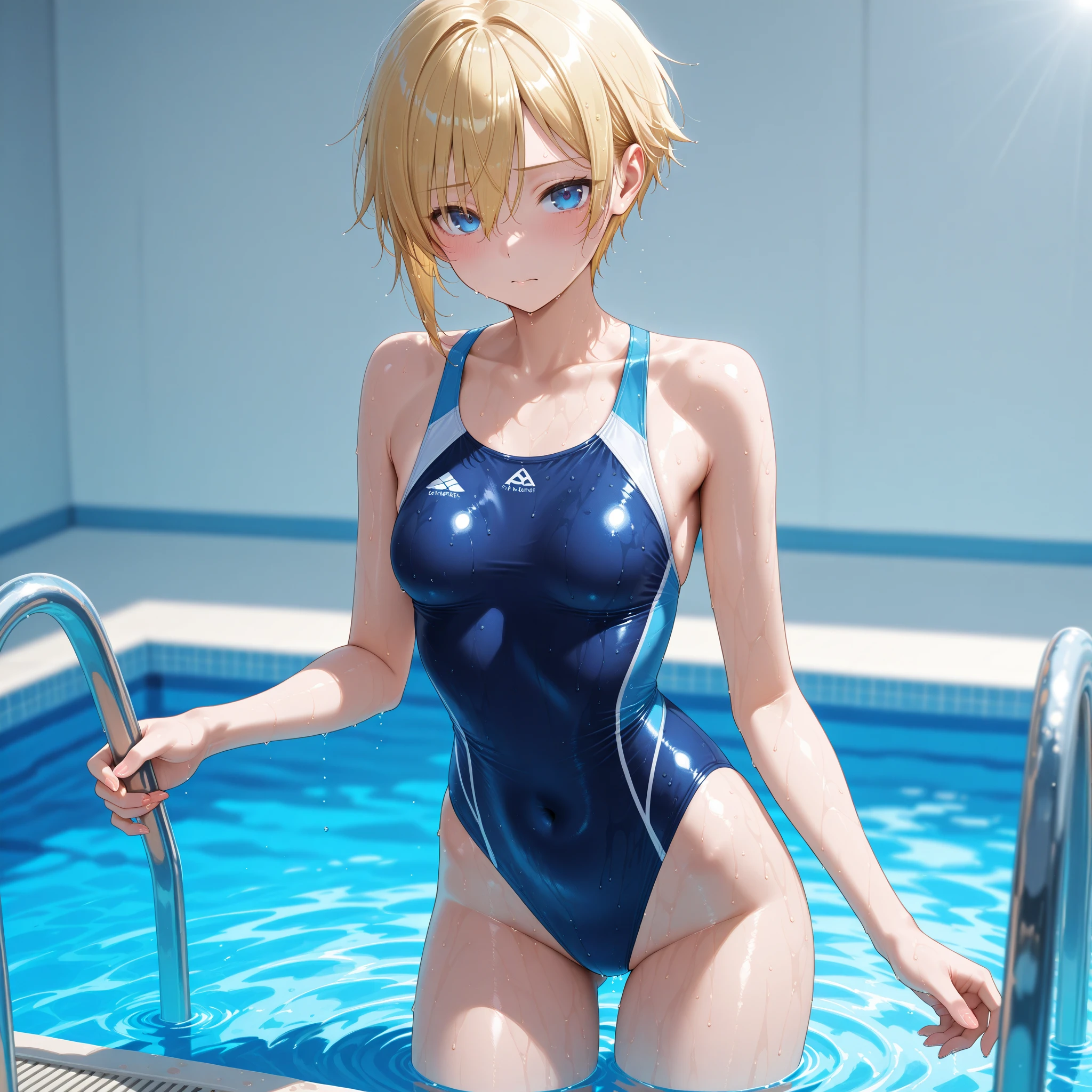 　(Highest quality:1.5, High resolution, 超High resolution, 4K, Detailed lighting, Shaders)(Beautiful details:1.6)(Artoria Pendragon), alone　　（Swimsuit）＋＋　　short hair,ponytail　 Parody, Blue choker,　Beautiful Abs　 Beautiful arm muscles　((Are standing))　　Realistic swimming pool　Angle from below　　Cool look　Beautiful ass