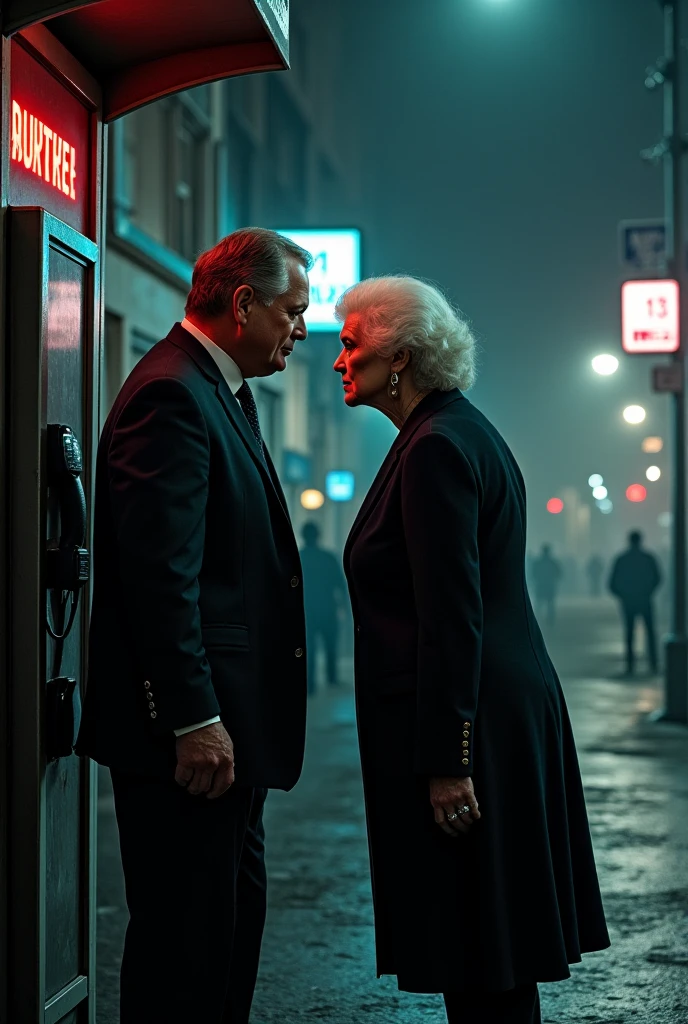 A 65 year old lady, with an obese body and wearing glasses is kissed by a young black man on a dark and deserted street and leaning against a car
