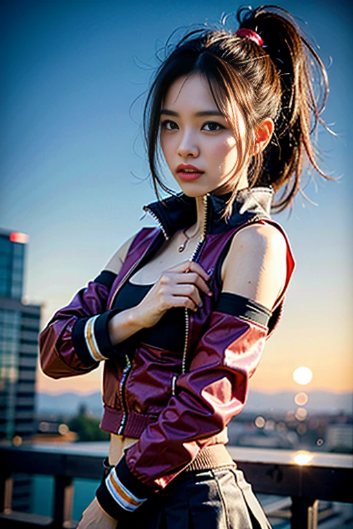 A 90s street photographer in Santiago portraits a confident model in front of abstract graffiti made only with straight and colorful shapes. The dress creates an amazing blend in color and form, intricate details, tokyo fashion week.