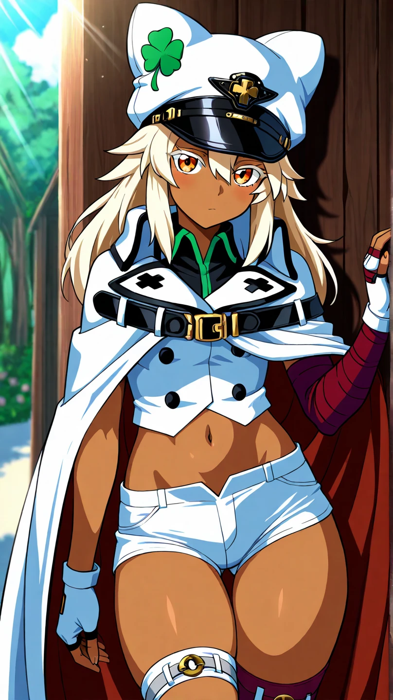 ,girl,Best image quality,,Grey Hair,,Yellow Eyes,Lion ears,Brown Skin,Dark Skin,Lion&#39;tail,short hair,Straight hair,Dense forest,Moonlit Night,rain,rainを浴びる,the navel sticks out,uniform,,Toned body,,,