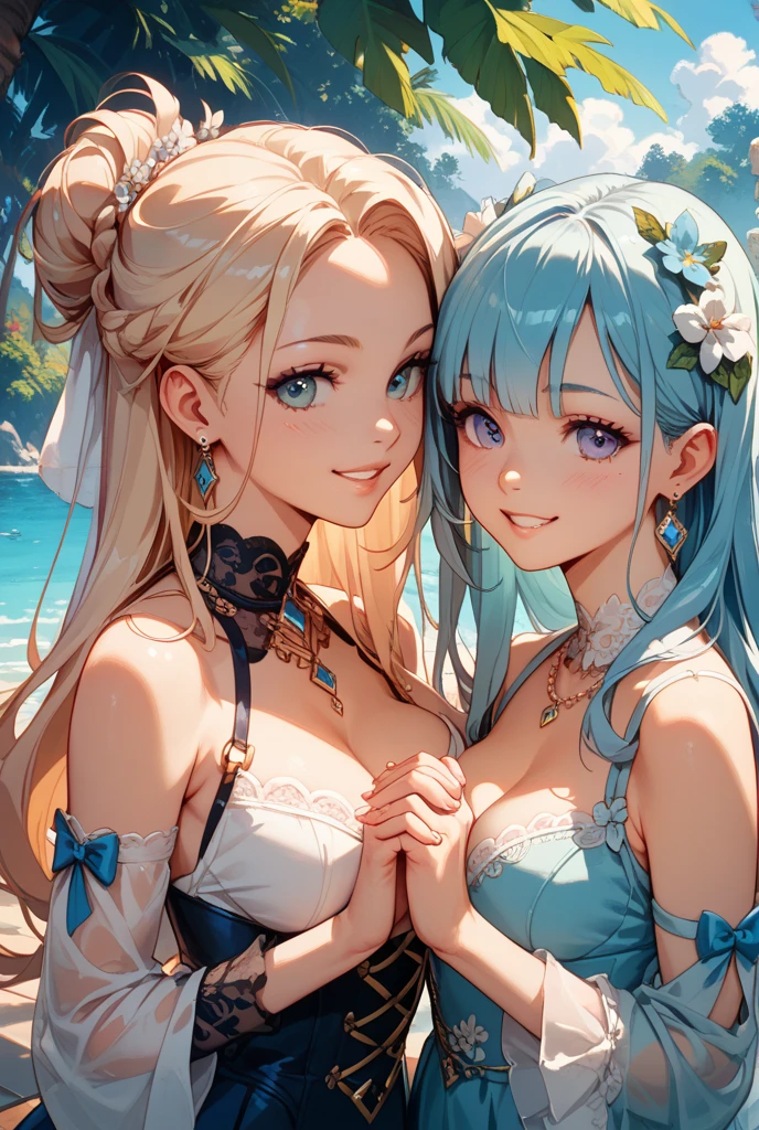Highest quality、High resolution、Detailed Background、(Beautiful face in every detail:1.4)、Anatomically correct、(Detailed facial expressions)、Teenage beauty、(Highly detailed face:1.2)、(Huge breasts:1.2)、Cute hair colour、Cute hairstyle、Perfect body line、well-groomed eyebrows、A big smile、A fun atmosphere、Do cute things、
(Two girls enjoying the summer:1.5)、
The girl's smile is shining、Hair swaying in the sea breeze、Enveloped in the sun、Running under the blue sky、Freedom of mind and body、 Reflected in your shining eyes、The world looks new again、In this dreamy season、The time I spend with you、More comfortable than anything、More than anything, it's adorable、As time passes slowly, memories between the two of us are engraved into our memory.、Girls, enjoy the summer、And add color to this heart forever、very beautiful