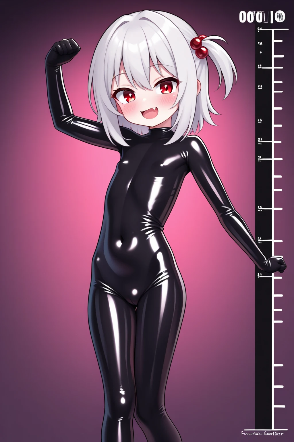 Blonde hair, short mash hair, turquoise eyes,A girl with impressive blonde hair、hair ornaments、short bob、hot pants、smile、dynamic pose, Showing armpits, hands behind head, nakedness, Black bondage suit、mocking smile、Small breasts、12age、The angle of view is from the front、The camera is from the front、looking at the camera、Standing footjob POV1.5,Sole、Barefoot standing footjob、look down