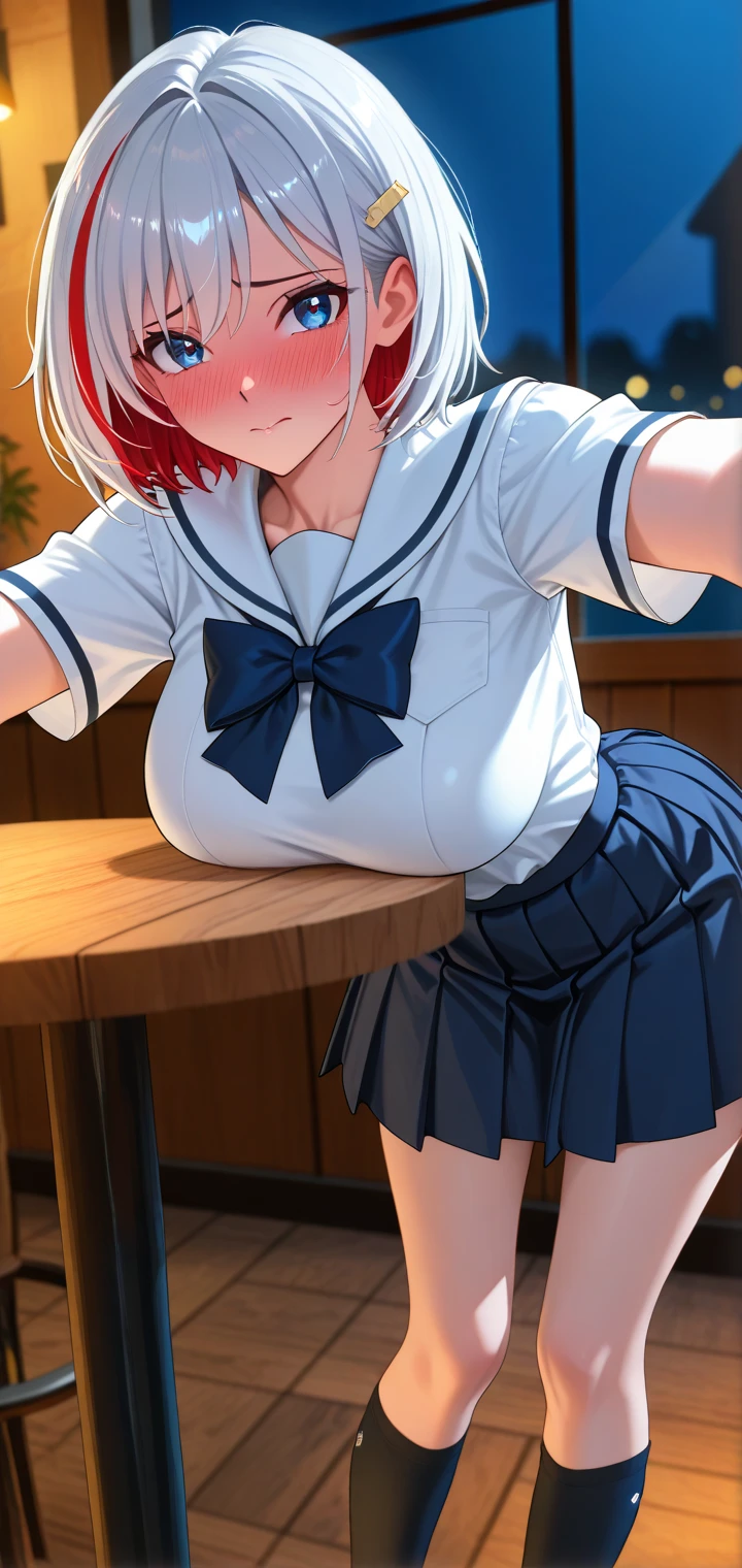 big and full breasts、A transparent white sailor suit that sticks to the chest,school uniform,(A woman wearing a transparent sailor suit:1.3, ),(A woman rides through the sky on a colorful custom-painted motorcycle:1.3), Shiny light brown and orange striped short hair,cute smile,perfect round face,A cheerful smile that makes the viewer happy,proper body proportions,table top,Ultra high quality output image,High resolution,intricate details,very delicate and beautiful hair,realistic pictures,dream-like,professional lighting,realistic shadow,focus only,beautiful hands,beautiful fingers,Detailed functions of fingers,Detailed features of the garment,Detailed characteristics of hair,detailed facial features,(((emphasize the chest:1.3))),(dynamic angle),(dynamic and sexy pose),laughter、cute round face,,(table top,highest quality,超High resolutionの出力画像,) ,(8K quality,),(sea art 2 mode.1),(Image mode Ultra HD,)