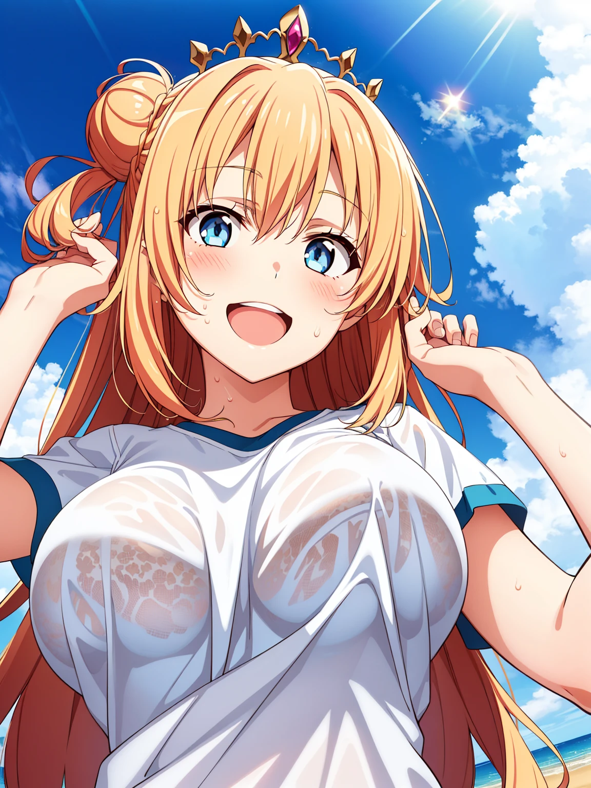 Blonde、ponytail、blue eyes、Super huge breasts、Tube top、masterpiece、High resolution、highest quality、Detailed face、Beach、Anime Moe Art Style、abdomen、Belly button、Cowboy Shot、A big smile、Outdoor、healthy、Tie your clothes around your waist、puffy nipple、