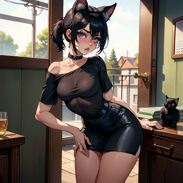 (solo), (1 skinny girl), Agnes Tachyon, uma-musume, brown short hair, brown tail, BREAK, (skinny), short torso, (very skinny legs:1.3), (bursting huge breasts), skinny small hip, skinny thighs, BREAK, (unbuttoned black collared shirts:1.2), cleavage, tight-fit pencil skirt, BREAK, forced smile, orgasm, (nsfw:0.8), pussy juice, coverd erectile nipples