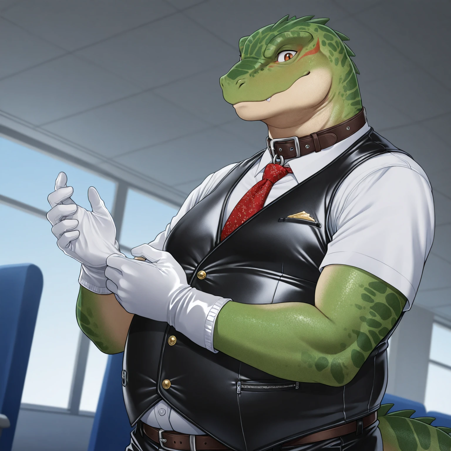 Highest quality、Sexy Baby Lizardman,  micro 、Lizard head、Sweat、Embarrassing、Gay、western background、Crotch close-up、cute、Leather Handbags、Knee-high socks、Choker of Hearts、White Breath、 lips、Drooling、 language、 pose、Sexy Dance、Pink steam、、strip、Sheriff Vest、Angle looking up from below、Man wearing 、Magazine cover style illustration、Cowboy hat、Gunman、bed、Holding a 、Pulling on 