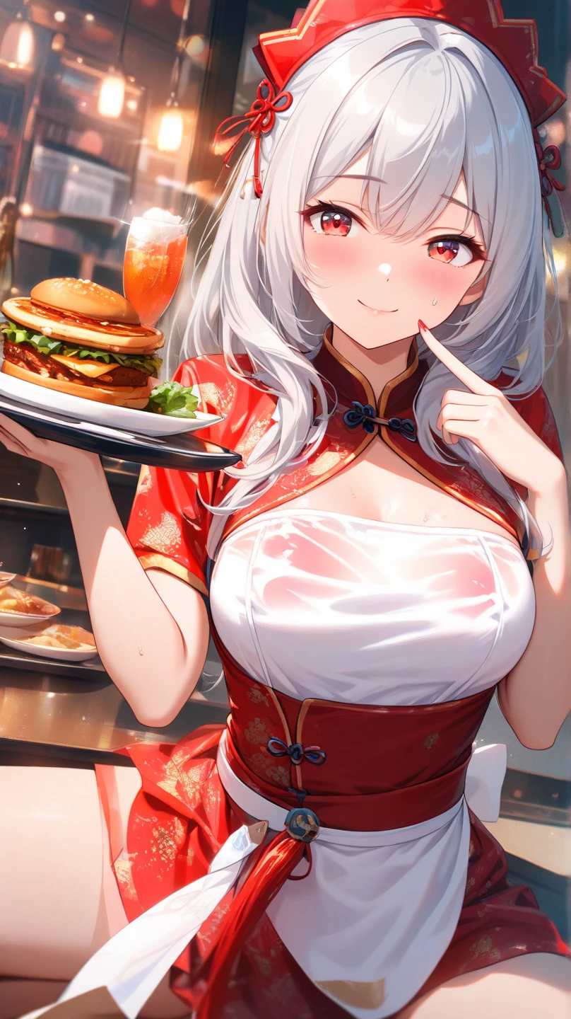 ((one personの女性)), Beautiful Face,Laugh shyly,((Wink:1.7)),Laughing with your mouth open,turn bright red,Glossy pink lips,night,Shrine festival stalls,((Anime style background)),masterpiece, highest quality, so beautiful, up to date, Complex details, (Pink long nails),AI-generated, Complex,High resolution, highest quality, super high quality,3D Images、View your audience、3D Images,one person,Long white hair,High Ponytail,blue eyes,Anime woman posing for a photo, [[Fine grain、Colorful eyes、Shining Eyes:1.15]],(Squint your eyes:1.1),a hyperRealistic , hyperRealistic , Realistic,Long haired white haired anime woman, Smooth anime CG art, A woman in a colorful kimono with gold embroidery, (Black kimono),Red floral pattern,Long flower hair ornament,Big earrings,(Big Breasts:1.1),Mature Body,tall,Big Ass,Fine details,Tight waist,(Face close-up:1.5),Tilt your face,Shooting from an angle,Eat takoyaki