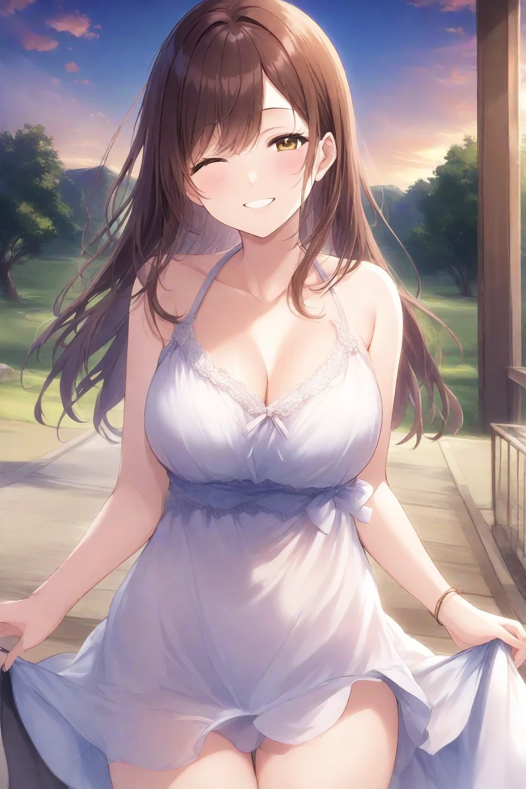 1girl, green eyes, Brown hair, Curly hair, big breasts, Masterpiece, Best Quality, high resolution, Beautiful detailed eyes, extremely detailed face, good lighting, Detailed CG, messy hair, garden, light smile, wedding dress, off the shoulder