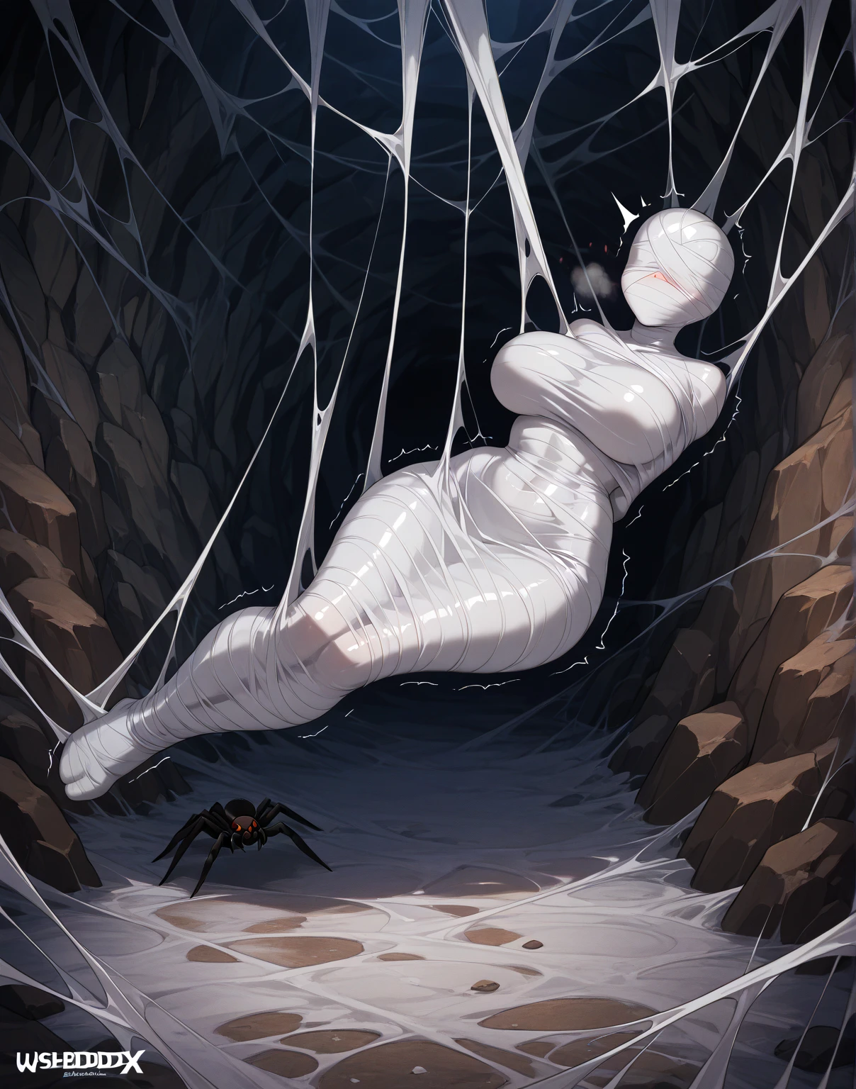 1girll, silkouette, cocoon, spiderwebs, Suspension, tmasterpiece, Best quality at best, highly detailed,shackle,shackle,Hands are tied,The mouth is gagged