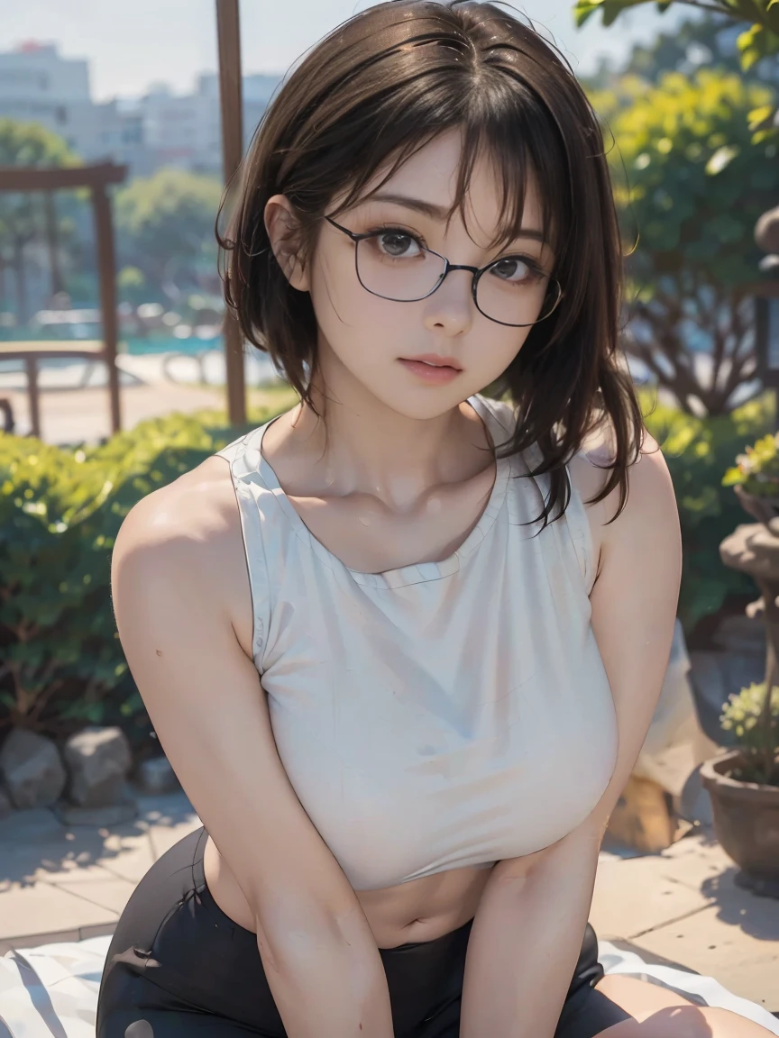(masterpiece, Highest quality, It captures a very cute moment, Depth of written boundary, Super detailed, Ultra-high resolution, C4D, Octadale, 3D Modeling,Realistic human photos、 8K, 16K, One Girl,Middle school students, Small breasts,Black Hair,short hair,Straight Hair,Light brown eyes,White headband,Wearing black glasses,Cute face), Bloomers, Black tank top, zettai ryouiki, Wet clothes,Classroom Nights,Moonlight, Good elevator, Take off、Real-life skin、Not an anime、Realistic、Not an illustration