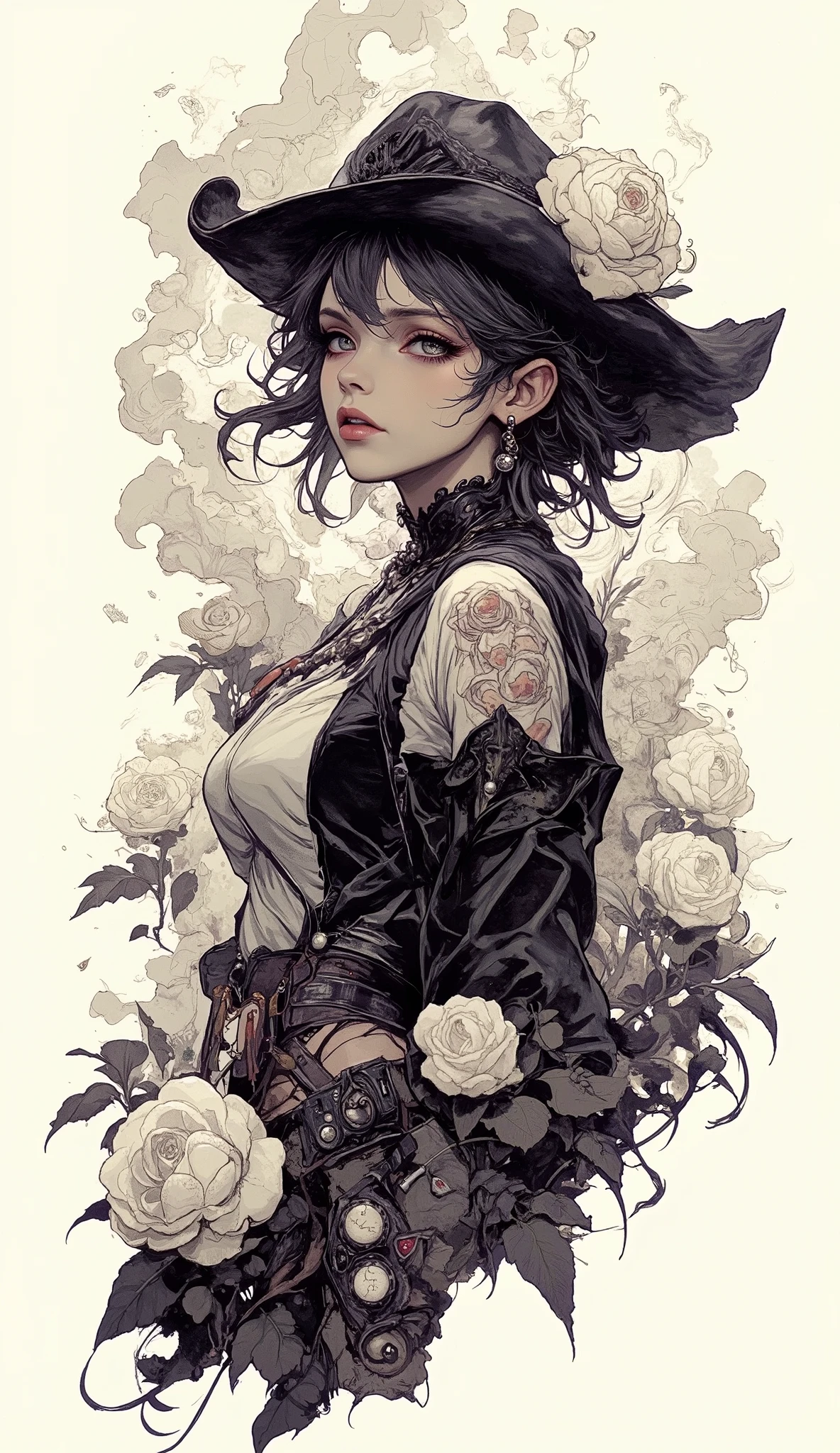 Gothic Art ,Dream,There's an amazing picture of a cowgirl running wild on horseback,Full Body,Gothic makeup,Tattoo,Black and white smoke drifts,Only the mouth is red, Lots of empty ,White Rose,Black Pearl Jewelry,Simple white background,