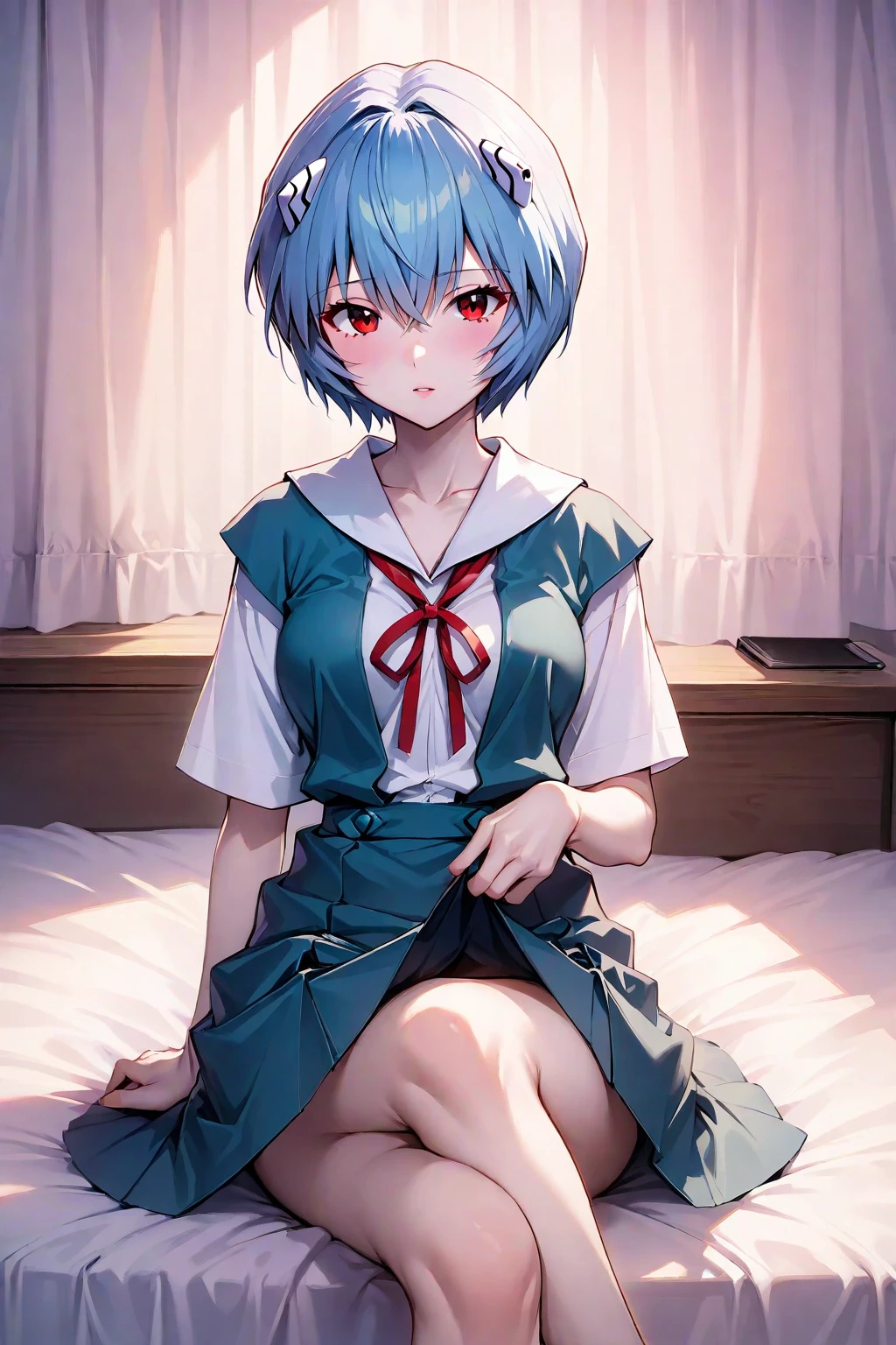 Spread legs, feet up, bright red face, full nudity, solo sex, hair over one eye, blue hair, short hair, sweating, embarrassed expression, blushing, embarrassed, sexy expression, bright red face, 8K, awesome Quality, masterpiece, ultra-definition, hair over one eye, blue hair, short hair, medium breasts, perfect hands, fine hands,, vibrator, vagina, vagina visible, not wearing panties, lower body nude, 1 dildo, Underwear, naked dildo, dildo under clothes, naked dildo, standing, bra, wet vulva, tearful, wet vulva, wet crotch, collared shirt, pleated skirt, bowing, spread legs , legs up, missionary bird's-eye view, legs spread, one boy and one girl having sex, on the bed, lustrous expressions, , front that looks like it's about to cum, shy, night, on the bed, trying hard, nsfm, collared shirt, pleated skirt, ribbon, wet crotch, 1 dildo, underwear, dildo under panties, dildo under clothes, dildo in pussy, standing, bra