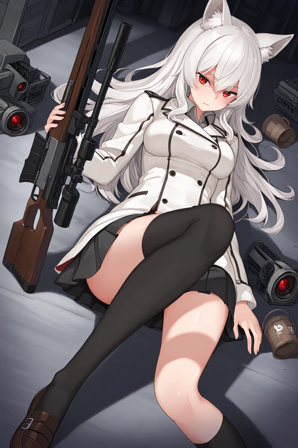 anime girl with a gun, laying, white panty, torn clothes, :o, saliva, peeing, closed eyes, full body