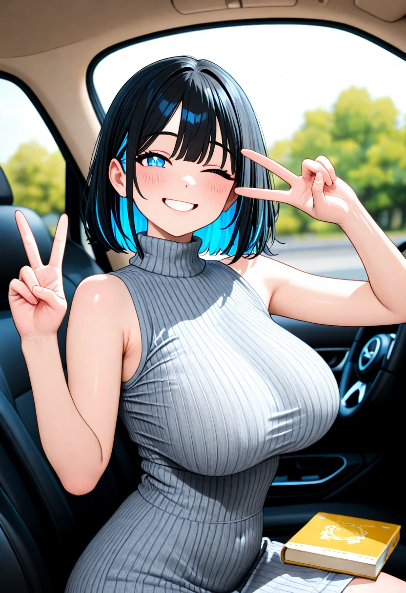 1girl, pov, from below paizuri, 1boy, penis  between the breasts, breasts squeezed together, race queen outfit, cleavage, inside of the car, sweat, naughty, big booba, blue hair, sleeveless