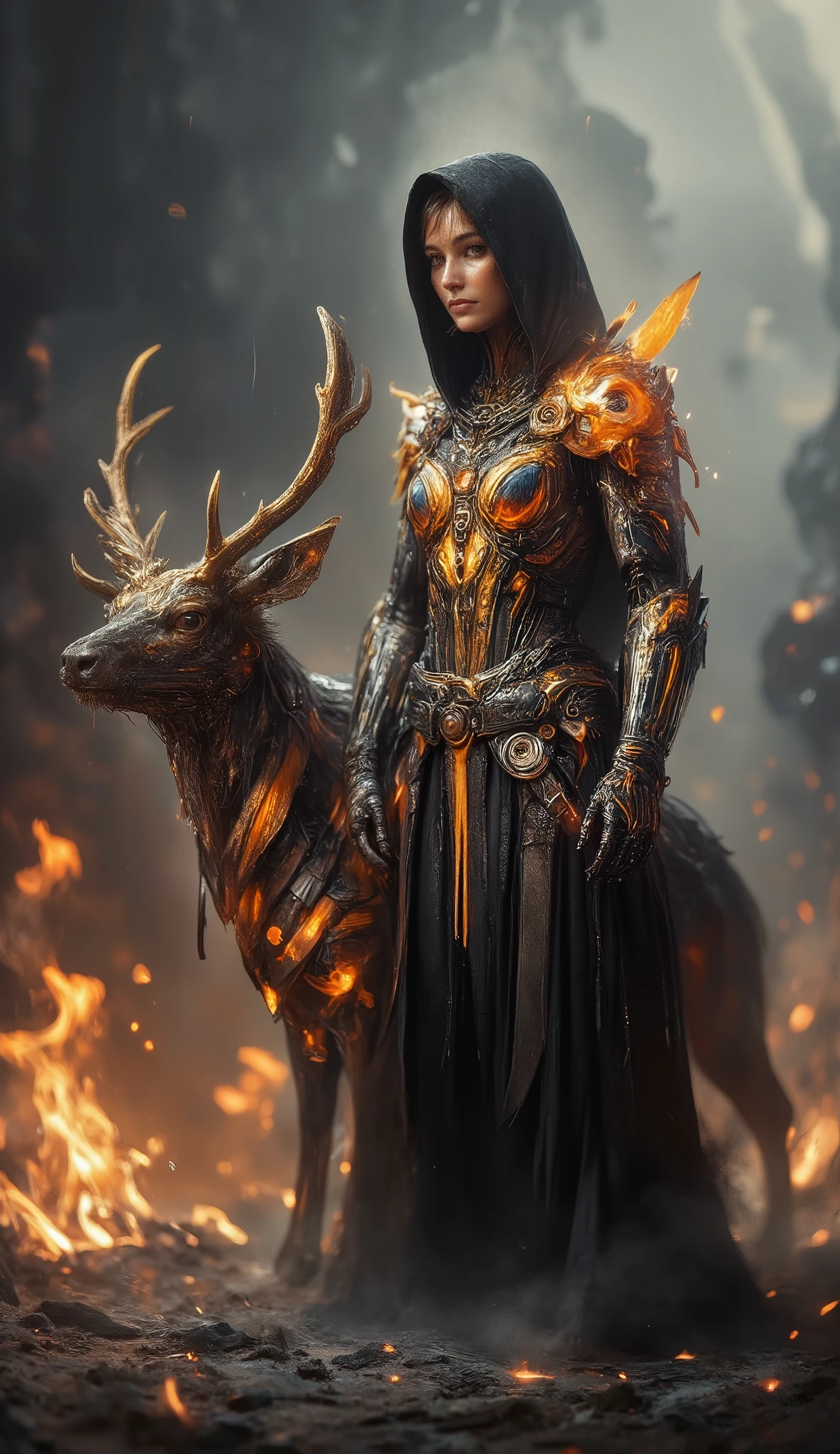realistic style, powerful muscular female warrior in a sleek black futuristic armored suit, glowing orange energy lines, wearing a hooded cloak, face partially obscured in shadow, only hints of her features visible, intense and mysterious presence, standing beside a majestic cybernetic stag with glowing orange antlers and metallic plating, surrounded by fire, ashes and embers, cinematic lighting, dark dystopian sci-fi atmosphere, dramatic and detailed