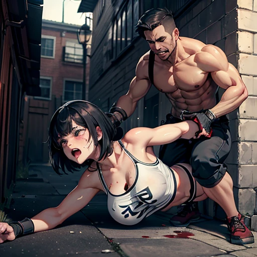 A young, cute, bloody, bruised, sweaty Japanese female street fighter and a male fighter in a back alley fighting each other. She is cornered against the wall. she is knocked out by him. She has short-cut black hair. She is crying. Both eyes closed. Short of breath. Drooling from the mouth. Denim shorts. Open finger gloves. Erect nipples.