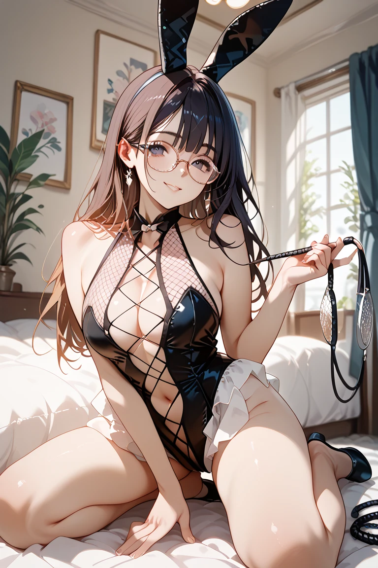 Chica de anime sexy vientre sentado usando falda levantando su falda mostrando su ropa interior, con camisa de vestir desabotonada mostrando su brasier, red and black sexy lingerie with lace trim, calsas con liguero, long brown hair wearing glasses,