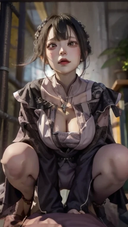 (asura art style:0.7), punctuation_9, punctuation_8_High above, punctuation_7_High above, punctuation_6_High above, no censure, princess peat black hair, side block, white hairband, Eyes red, break (work of art:1.2), best qualityer, high resolution, (detailedeyes:1.3), perfect lighting, (perfect hands, Perfect Anatomia), breasts big, a beautiful woman, kimono, bare one shoulder, Heart, sitting down, front viewer, Tori, flowers, Thu, fog, hand sHigh aboveport,
