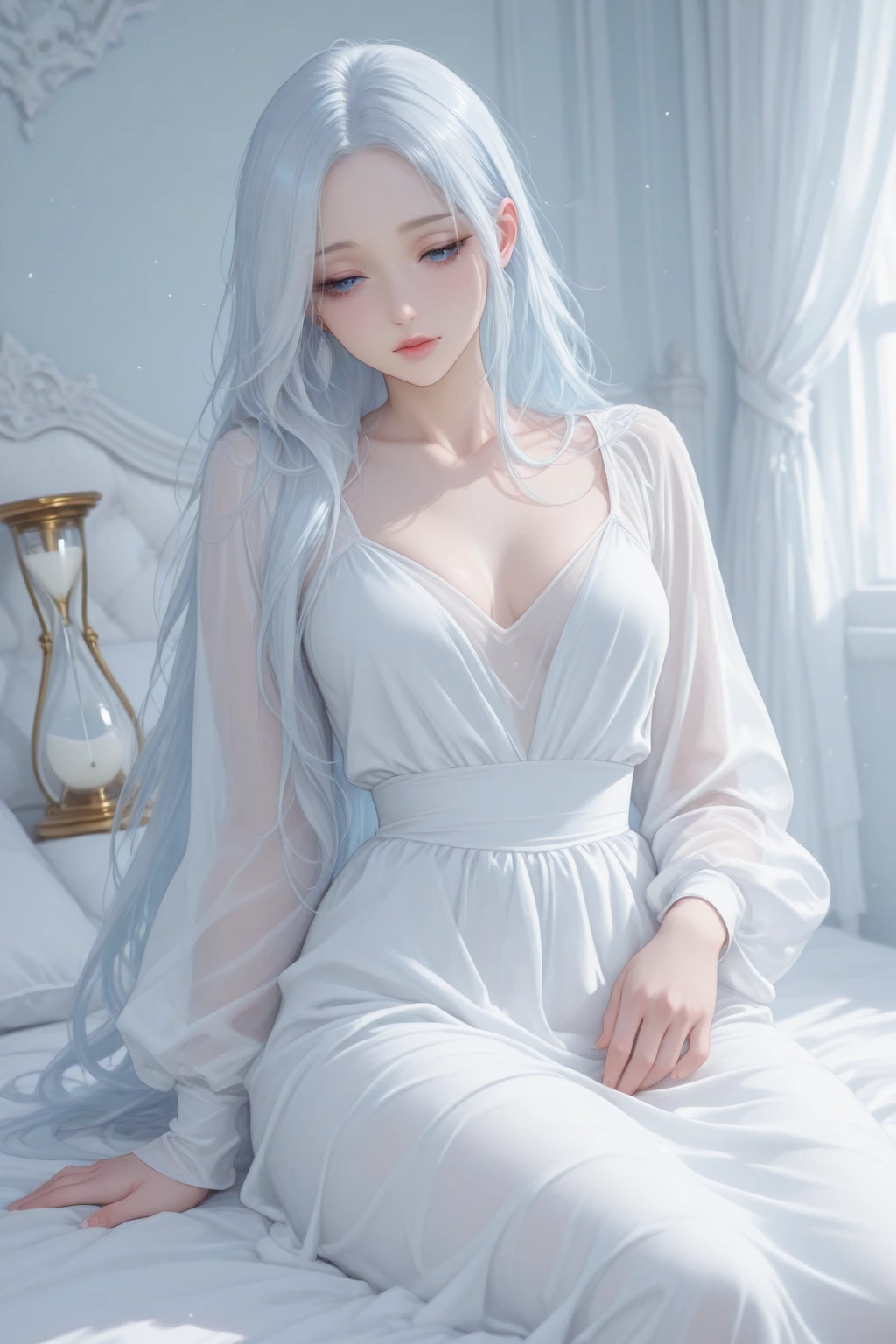 Illustrate a serene girl with long white hair, lounging on a plush bed under moonlight. She's wearing a translucent, pearl-adorned white dress, revealing her graceful curves. Capture her tranquil expression, the play of light on her silver eyes, and the elegance of her stunning outfit in your artwork.