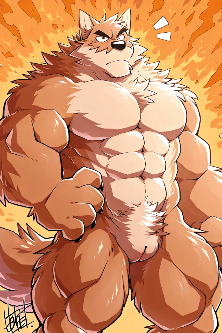 by zixiong, (1boy), solo, male, kemono, (crimson wolf), white torso, (naked), handsome, muscular, adult, hunk, hot body, (detailed black eyes), detailed face, white eyebrows, (1 detailed big hard penis erection), thick body, nipples, full body, abs, smile, 1 tail, 5 fingers/hand, 6-pack abasterpiece, high res, best quality), 8k, perfect art, nsfw, (lineart)