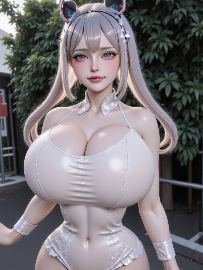 Huge breasts　sexy　Side-show pose　sexyなポーズ　Shiny skin　Breast milk　White Bikini　Swimwear　Silver Hair　Kind Face　Big Breasts　Futanari　