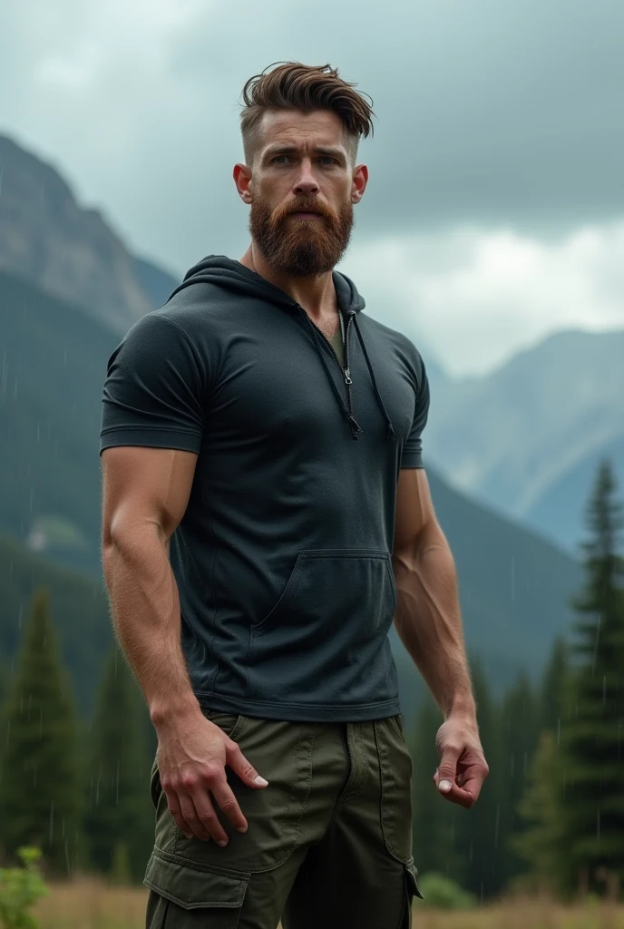 Lumberjack in the rain without shirt and without pants with tight  