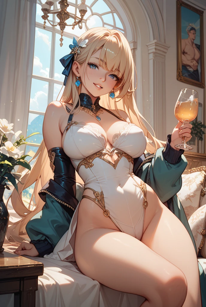 (((wine glass in hand))), Figure-hugging navy blue silk slip dress with a thigh-high slit, gold stiletto heels, (white thigh-highs and garter), delicate gold body chain adorned with pearls and seashells, smokey eyes with a touch of gold shimmer, Glossy nude lips for a subtle yet enticing look,
BREAK,
(masterpiece), 8k, Professional Photography, dragonewt,
BREAK,
(gold dragon horns), (((pixie_white_hair))),
BREAK,
large breast, perfect face, expressive eyes, big earrings, perfect hands, thich thighs,
BREAK,
Luxurious yacht adorned with soft, ambient lighting, Sail adorned with delicate fairy lights reflecting on the water, Chic lounge seating on the deck with plush cushions, custom-designed seafood buffet showcasing the finest catches, Caviar and champagne stations with a dedicated sommelier, Live jazz band playing smooth melodies against the ocean backdrop, Exquisite flower arrangements in nautical-inspired colors, (Midnight fireworks reflecting on the water's surface), dedicated area for stargazing with telescopes and cozy blankets, sail billowing in the wind as the yacht glides through the harbor, Guests engaged in lively conversations against the soothing sounds of the ocean, toasting to the new year with crystal flutes filled with vintage champagne, yacht gently anchored as guests continue to dance under the moonlit sky,