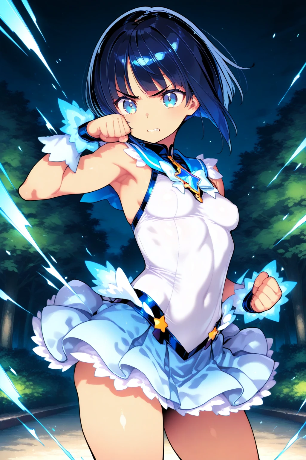 (HD, Sharp, Fractal), Single Woman, Super Glossy Skin, Magical Girl, 25 years old, Leotard, Mini Skirt,Big, Blue and White Costume