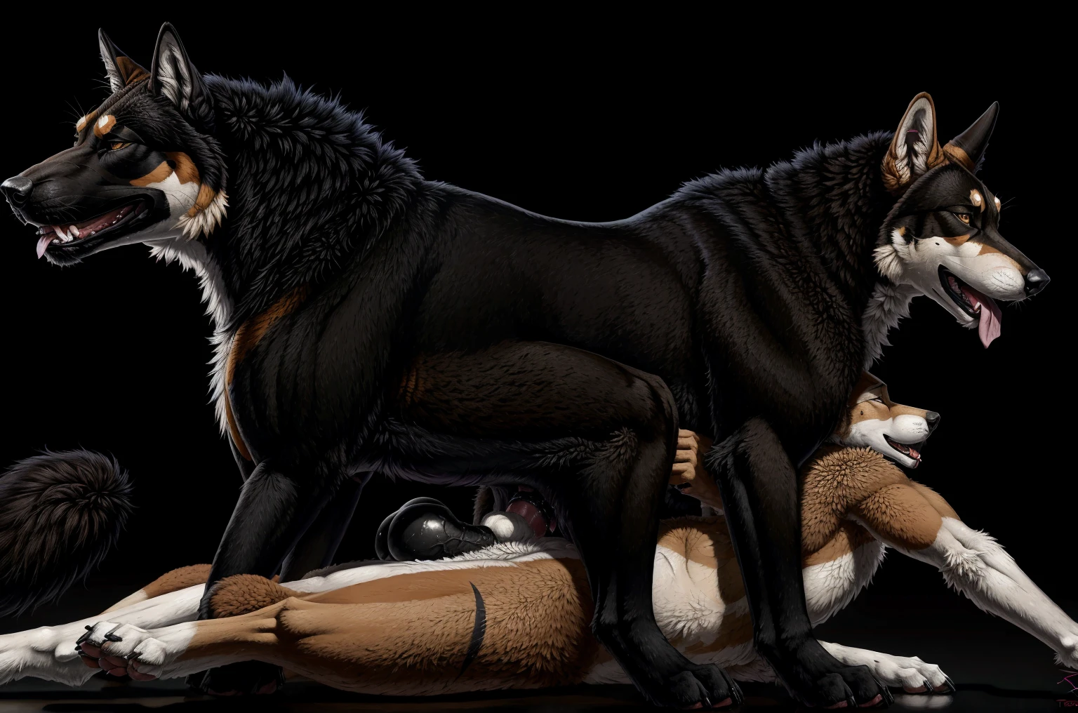 A hyper muscular male jackal with a large black penis and testicles giving rough anal sex to a smaller feminine gay black Jackal, from behind position, duo, penetration, cum, anal sex, anal, big penis, huge penis, veiny penis, big testicles, Masterpiece, highly detailed image, highly detailed genitalia, 4k, 4k resolution, black penis+, by Truegrave9, by Virtyalfobo, by Chunie, by Clockhands, thick theighs+, fluffy tail, long tail, looking pleasured+, feminine male, bedroom eyes+, bubblebutt, big butt, huge theighs, black skin+, ebony skin+, perfect eyes, plain background, choker, bedroom, cum inside, big dom small sub,