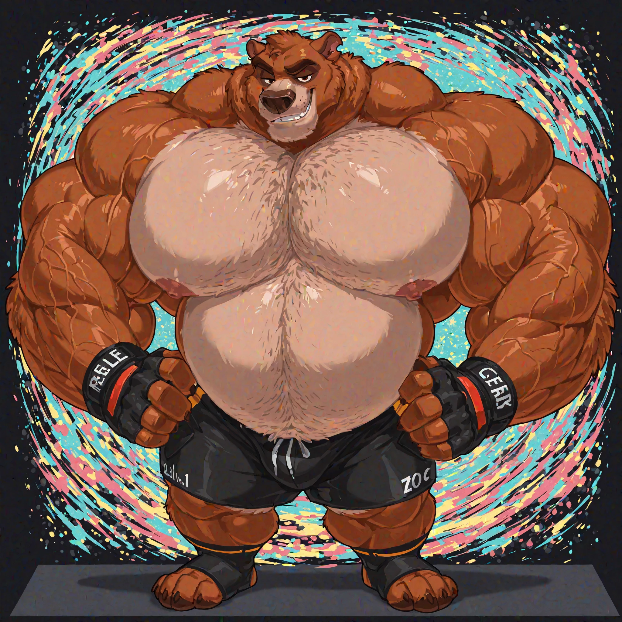 ((solo)), (anthro:1.2) bear (lora; baloo), adult, (athletic:1.4), (dense muscles), (super strong:1.4), (correct anatomy:1.2), (broad shoulders:1.2), (heavy build, massive body:1.6), (realistic fur, detailed brown fur texture:1.3), kickboxing martial arts tournament background (corner of the kickboxing MMA ring:1.6), photorealistic, (black compression shorts), (bare torso:1.4), (footwear:1.2), (detailed kickboxing martial arts black shorts), hyperrealistic, ultradetailed, (by wfa:1.2), (by takemoto_arashi, by vorusuarts, by Traver009:1, by grimfaust:1), natural lighting, (oiled up:1.4), ursine head (open eyes, brown mane), (sexy:1.2), ((serious smirk:1.4) expression), (flexing:1.4), (view from center:1.4)