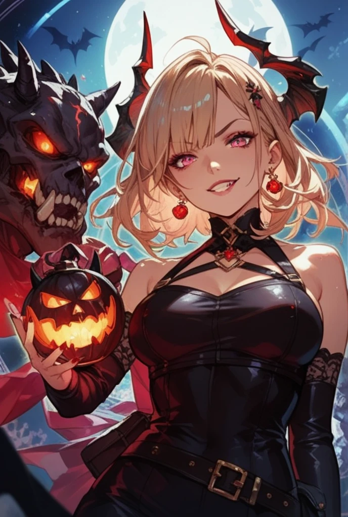 blond haired woman in a black and red costume holding a pumpkin, vampire girl, l vampire, demon girl, vampire queen, halloween art style, demon anime girl, vampire, succubus, monstergirl, female vampire, by Yoshihiko Wada, beautiful succubus, mika kurai demon, loli, artgerm. anime illustration, beautiful vampire queen, scary vampire