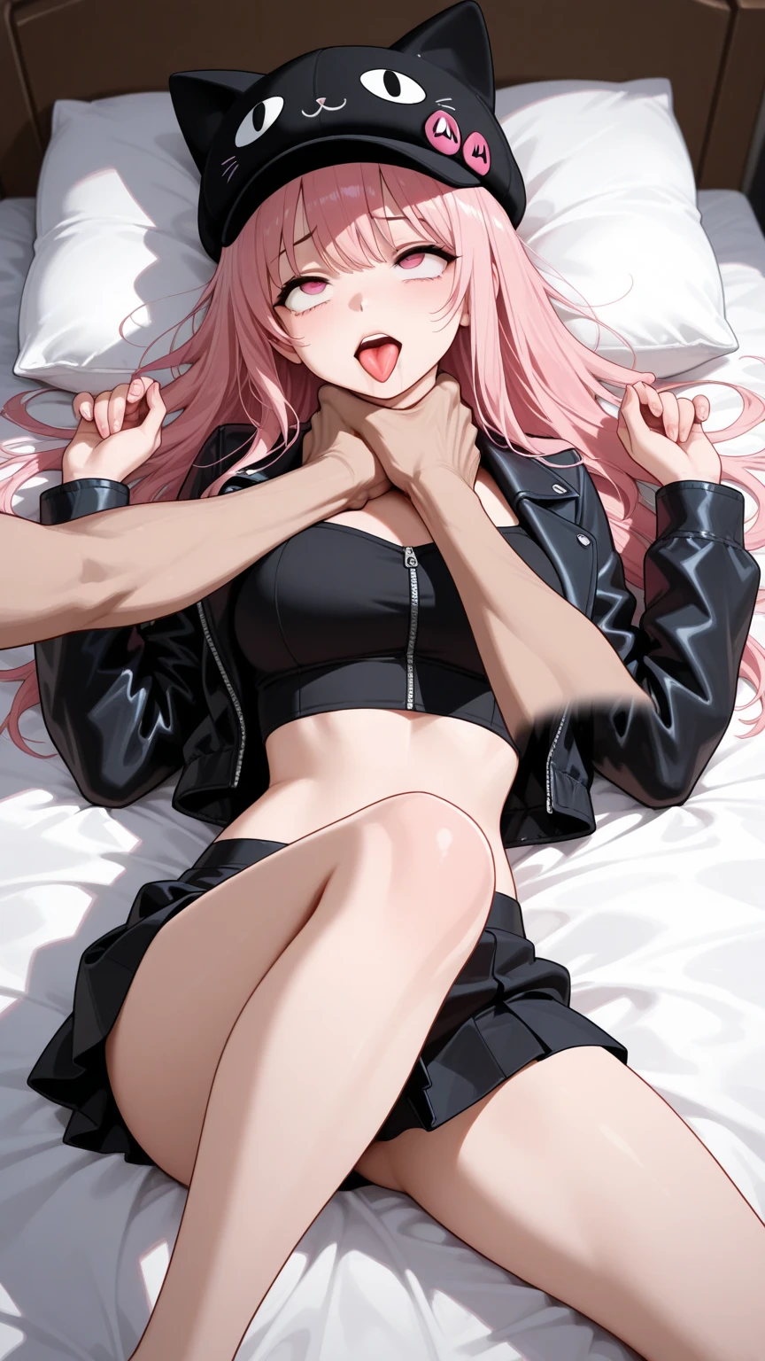 score_9, score_8_up, score_7_up, score_6_up, score_5_up, score_4_up, source_anime, 1woman, bed, pink hair, long hair, white eyes, tape your mouth shut, w-w-chain, shackles, spread arms, messy hair, sweaty shirt, short, black high heels, night, the solution, dungeon, best quality, best res, 4K UHD,
