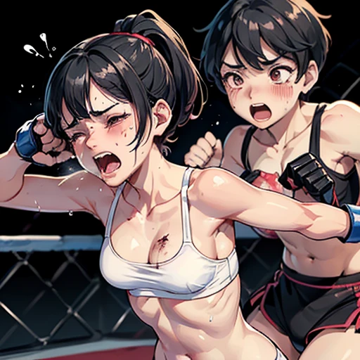 a man defeats a girl. A young, cute, bloody, bruised, sweaty Japanese female street fighter and a male fighter are fighting so hard  in a octagon. she is beated out terribly by him. She has short-cut black hair. She is crying. Both eyes half  closed. Short of breath. Drooling from the mouth. she is wearing bkini. Open finger gloves. Erect nipples.