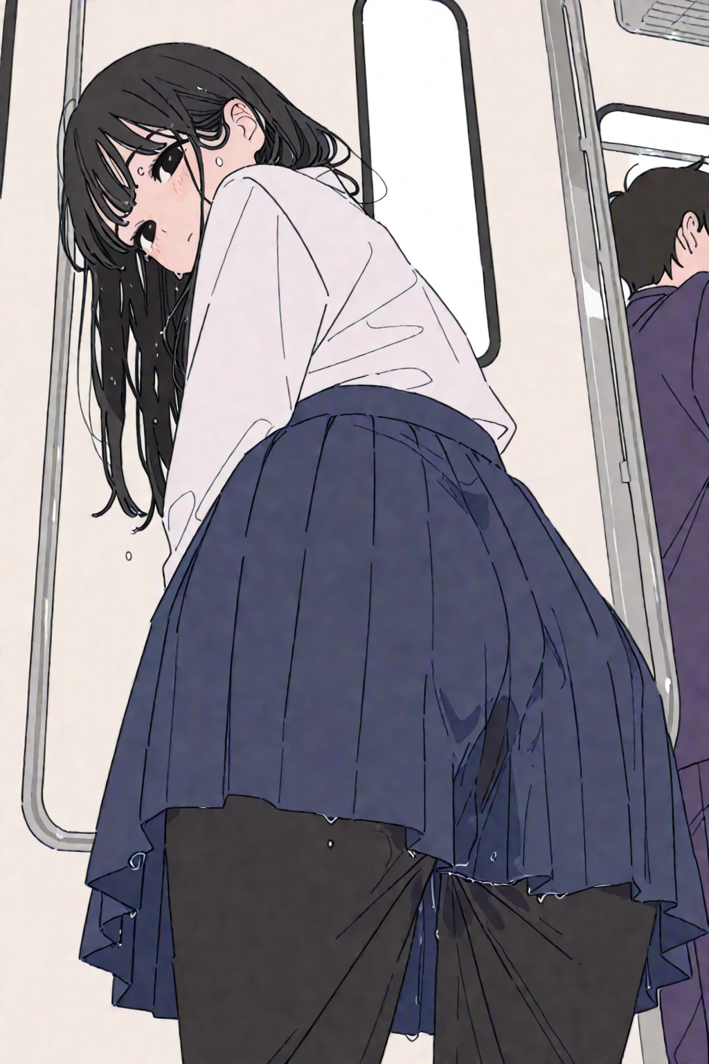 summer、Empty classroom、thick、Sweat、、high school girl、Student Bags、、Low length、(((((Eyes hidden by long bangs)))))、(((Long black hair:1.2 hair band)))(((Black-rimmed glasses:1.2 black eye)))、Backlight、evening、Nostalgic atmosphere、Look at this、High position、Full Body Shot、glamorous、Checked mini skirt、Navy knit vest、Are standing、sneakers、Skirt flip、Showing sexy panties、Flip up your skirt with both hands、avert your eyes、