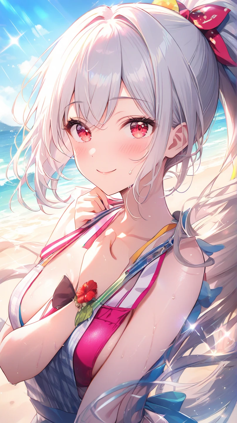 masterpiece,best-quality,high-quality,(beautiful-and-aesthetic),ultra-detailed,hires,extremely-detailed,an extremely delicate and beautiful,ultra high res,very-cute-and-beautiful-anime-1girl,grin, extremely-detailed-face-and-eyes,20-years-old,1girl,big breast, Flower Pattern Bikinis,outdoor,