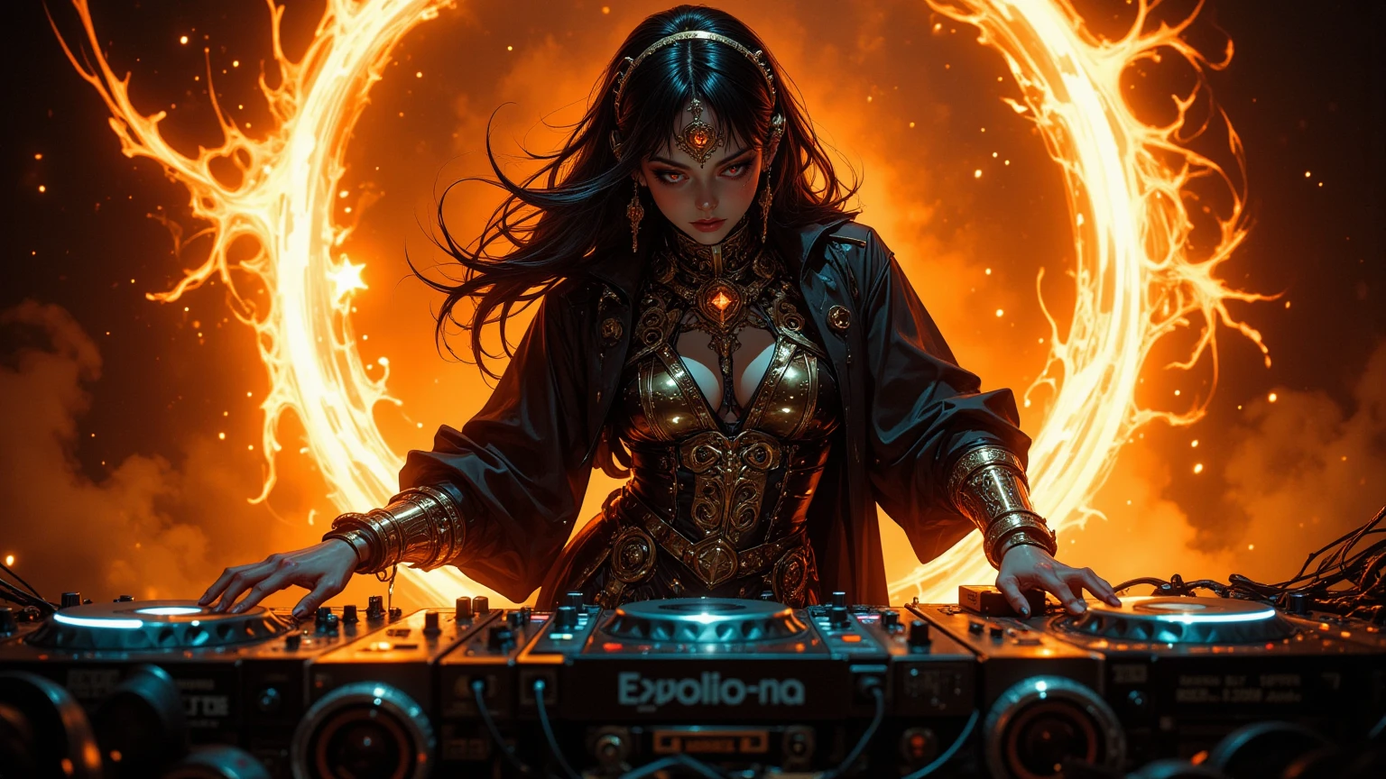 Tantric priestess woman with tattoos and percings and an ironman mask mixing music on a DJ turntable at a Hindu temple --auto