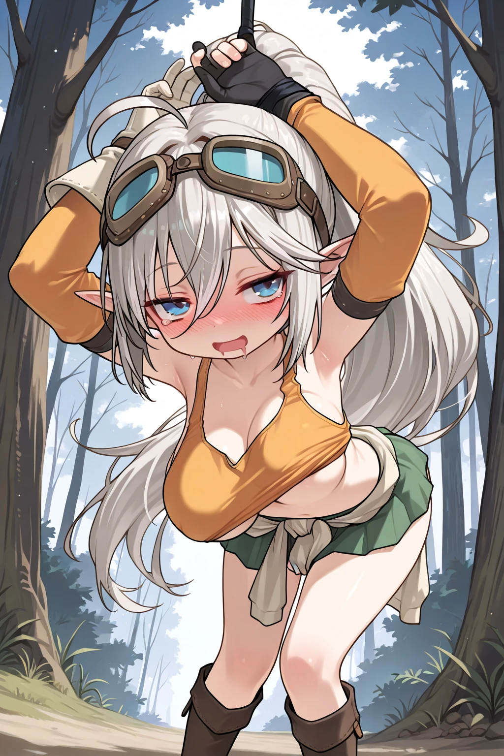 gumi, green eyes, green hair, medium hair, sidelocks,,goggles, goggles on head, , empty eyes , large breasts, nipple, Running, , Heavy snowfall area frozen wet crying mountain Alone, crying, Naked, solo, 1girl, Peeing, lactation, projectile lactation