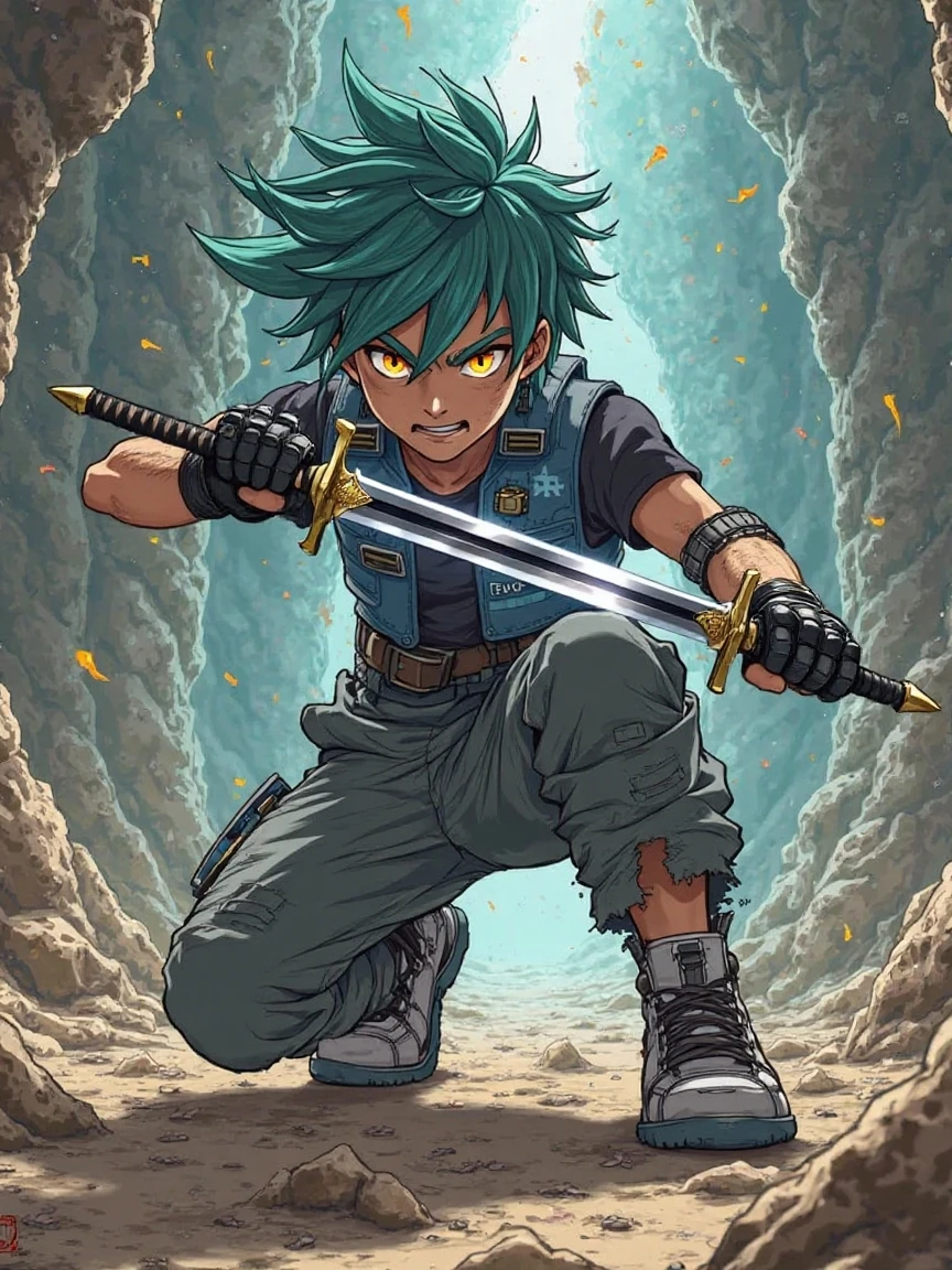 Écrivez-moi une image de manga, une personne qui a un bras en métal, qui a le bras gauche en diamant et qui a le bras droit en diamant. Et il a des yeux, il a l'œil droit bleu et l'œil gauche rouge. Il a les cheveux blancs et verts. Et puis il a un tatouage sur le front qui est en forme de serpent. Et puis sur son pied, il a un tatouage qui lui donne des pouvoirs. Et ce tatouage, on a dessiné de l'eau, du feu et un dinosaure qui a ouvert la bouche. Il a porté une culotte qui cache le pied gauche. Il a porté un tee-shirt bleu. Et il a porté un max qui cache au niveau des yeux. Couleur de peau blanche , un homme 