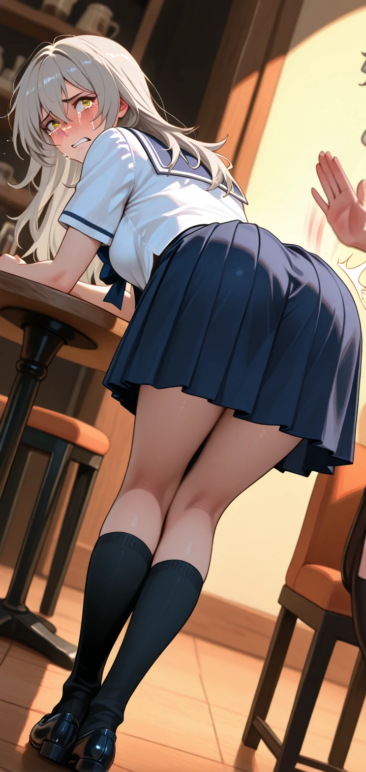 highest quality,masterpiece,white background,white shirt,short pleated skirt,whole body,Fair skin,dull bangs,Gradient Hair,loosen clothes around the neck,,folding arms,look down on,very long hair,Spread hair,Ivory hair,spread your legs,loafers,over knee socks,black socks,Trollface,squat down,Wet,The kids,young,girl,Shima bread nsfw,(full body:1.2),(all fours:1.2),bare pussy,(anus cutout:1.4),(grabbed ass:1.3),anus, ass, ass focus, back,(open vagina, vivid pussy, high quality vagina,wet pussy:1.2),(pussy peek:1.3),(spread pussy wide:1.1),(pussy focus:1.3), (bare pussy:1.3), (Vaginal hole:1.1),(urethra:1.1),(kuppa:1.1),(open vagina, vivid pussy, high quality vagina:1.1),anus, ass, (dripping love juice:1.1), ,(embarrassed,blush:1.3),(ecstasy:1.3) ,(slut:1.2),(vulgarity:1.3),(fucked silly:1.1),(steam:1.1),(wet:0.9),(trembling:1.3),(tears:0.9) ,(drooling:1.1),(sweat:1.1),(election of nipples:1.1),vivid nipple, (bare pussy:1.3), (pussy cutout:1.3),(open vagina, vivid pussy, high quality vagina),(love juice:1.2),(from below:1.1)
