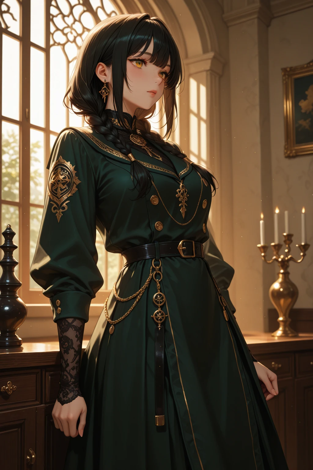 medieval setting, full view of body, 1 skinny female with large breast, beatiful smokey green eyes, black hair pinned up, off-shoulder midi dress, red scarf around her neck, eerie sunset