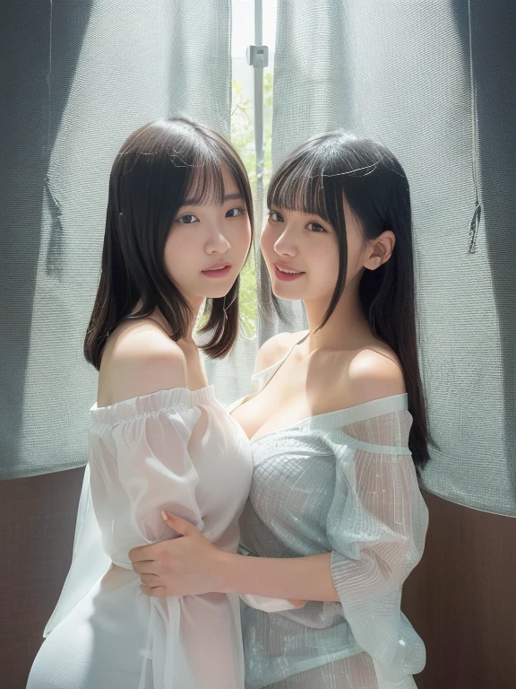 (masterpiece, realistic, photo-realistic:1.2), finely detail, ultra high res, perfect anatomy, best quality, 8K, soft focus, (happy smile:1.3), (2girls side by side, harem, 16yo Japanese short girls, nsfw, full nude, nudity, nipples:1.2), focus on breasts, (black straight hair, short hair, blunt bangs:1.2), beautiful detailed face and big eyes, (white and smooth skin, glowing fair skin:1.3), (pointed huge breasts, gigantic breasts:1.3), (bloom, awesome detailed theme park, outdoor, princess castle:1.2), standing, crowd of people background,