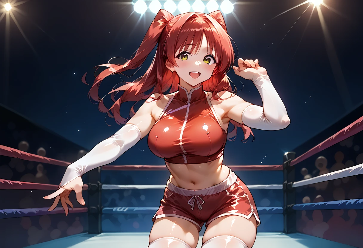 1girl in, {{{{Yu Kitazawa}}}}, {Band Dream!}, Orange hair, Red Eyes, Short hair, Small breasts,Orange high-leg micro bikini、(Orange wrestling shoes)、Indoor pool、Stand on a pool float、is standing、Screen behind、Happy smile、Raise your right hand high、professional wrestling、No audience